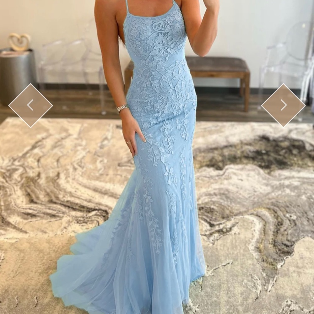 Prom Dress: Blue Lace Open Back Dress NEVER USED